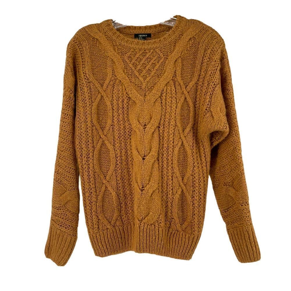 Brown Cable Knit Sweater Womens Size Small Classic Crew Neck Pullover Forever 21